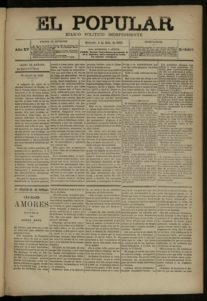 Miniatura de El Popular: diario independiente, político, literario y de noticias de interés general del 4 de julio de 1883, nº 9860