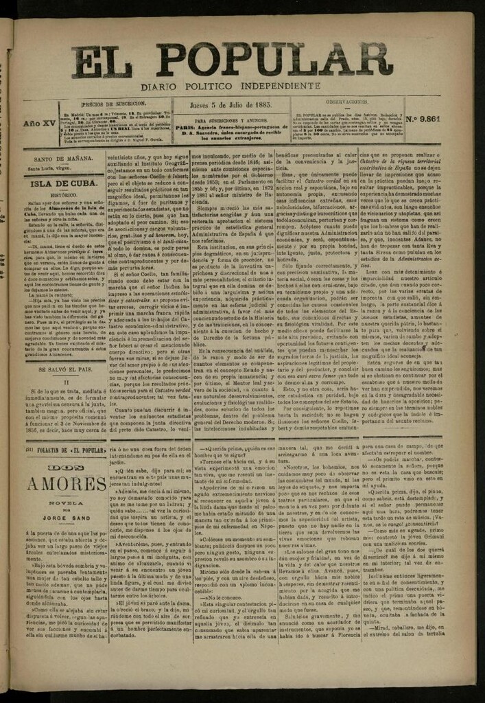 Miniatura de El Popular: diario independiente, político, literario y de noticias de interés general del 5 de julio de 1883, nº 9861