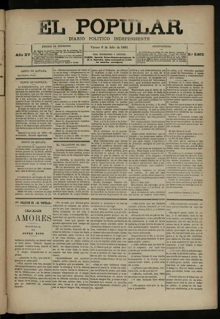 Miniatura de El Popular: diario independiente, político, literario y de noticias de interés general del 6 de julio de 1883, nº 9862