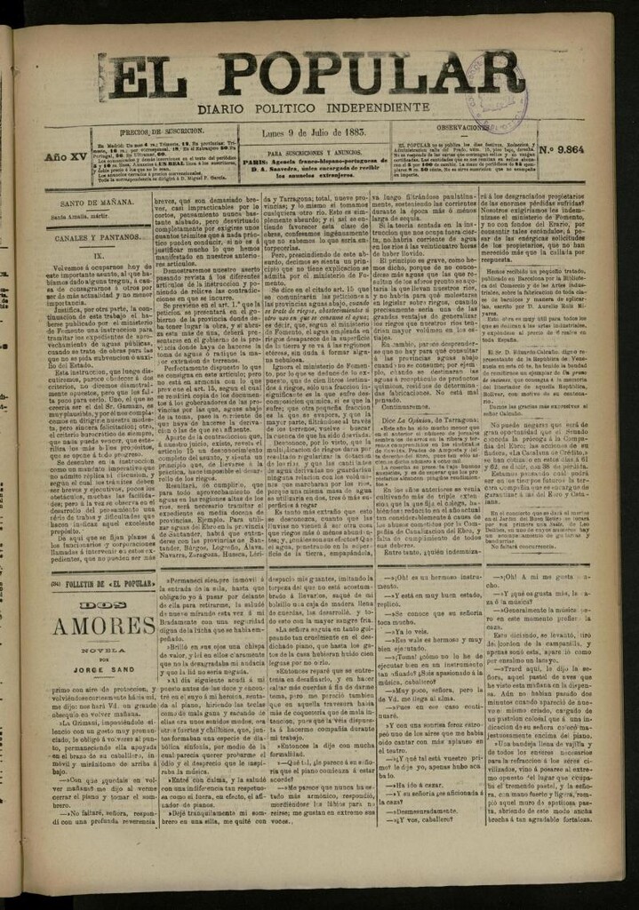 Miniatura de El Popular: diario independiente, político, literario y de noticias de interés general del 9 de julio de 1883, nº 9864