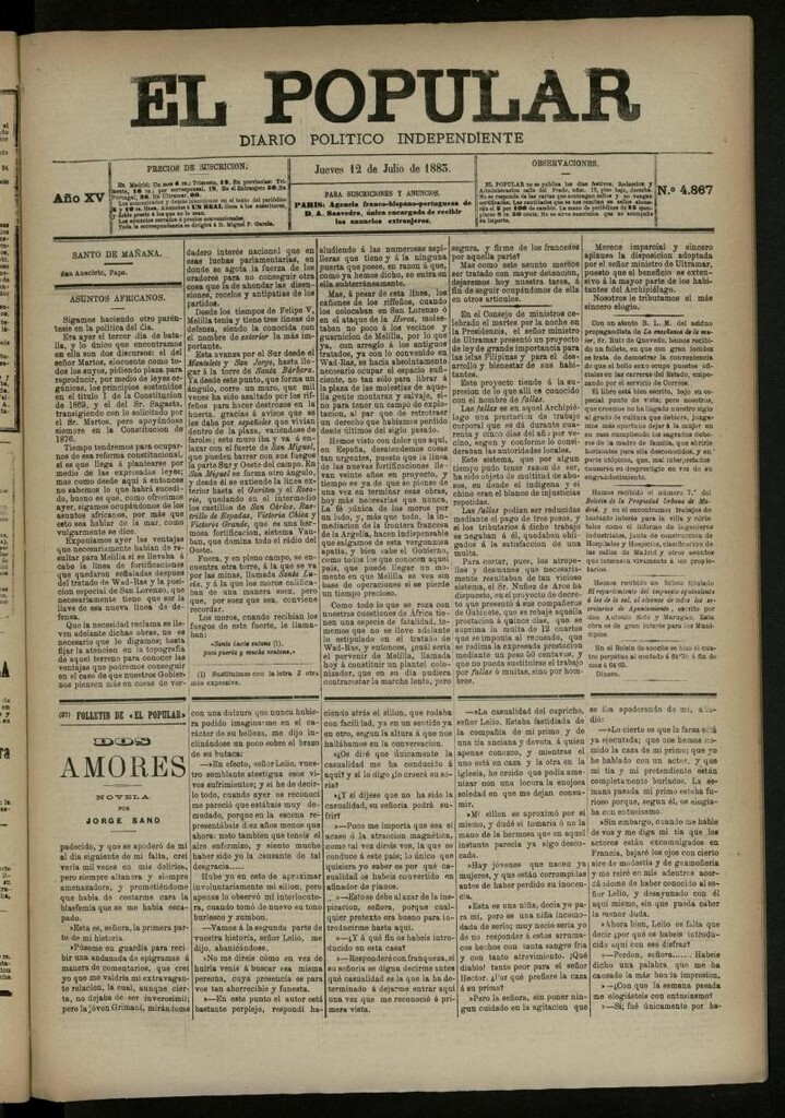 Miniatura de El Popular: diario independiente, político, literario y de noticias de interés general del 12 de julio de 1883, nº 4867 [sic]