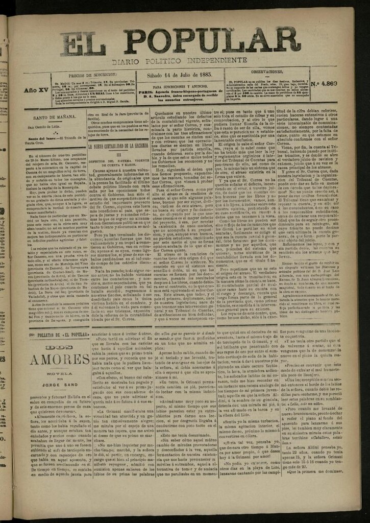 Miniatura de El Popular: diario independiente, político, literario y de noticias de interés general del 14 de julio de 1883, nº 4869
