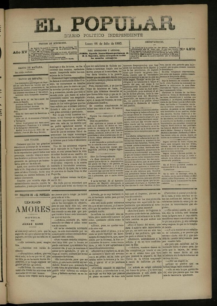 Miniatura de El Popular: diario independiente, político, literario y de noticias de interés general del 16 de julio de 1883, nº 4870