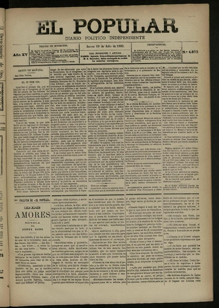Miniatura de El Popular: diario independiente, político, literario y de noticias de interés general del 19 de julio de 1883, nº 4873