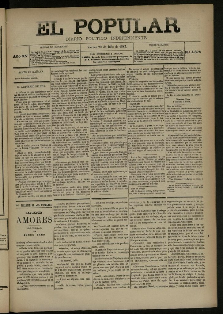 Miniatura de El Popular: diario independiente, político, literario y de noticias de interés general del 20 de julio de 1883, nº 4874