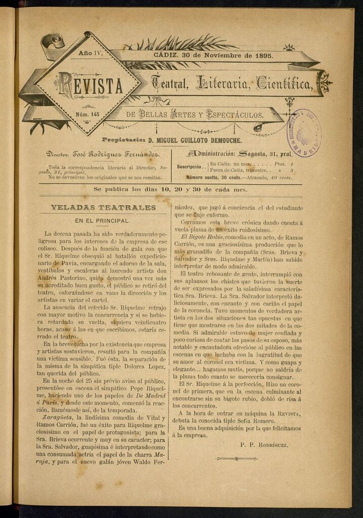 Miniatura de Revista Teatral, Literaria, Científica, de Bellas Artes y Espectáculos. Nº 145