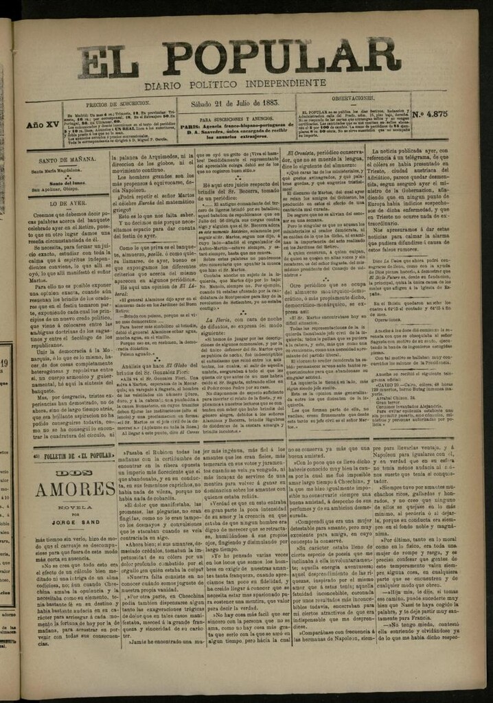 Miniatura de El Popular: diario independiente, político, literario y de noticias de interés general del 21 de julio de 1883, nº 4875
