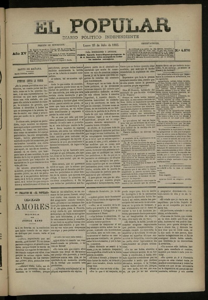 Miniatura de El Popular: diario independiente, político, literario y de noticias de interés general del 23 de julio de 1883, nº 4876