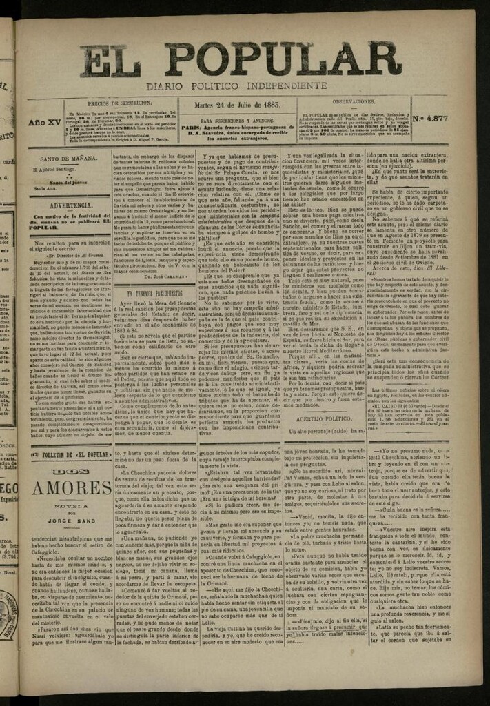 Miniatura de El Popular: diario independiente, político, literario y de noticias de interés general del 24 de julio de 1883, nº 4877