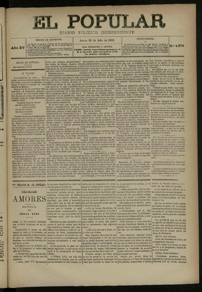 Miniatura de El Popular: diario independiente, político, literario y de noticias de interés general del 26 de julio de 1883, nº 4878