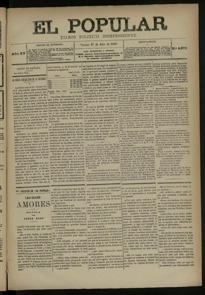 Miniatura de El Popular: diario independiente, político, literario y de noticias de interés general del 27 de julio de 1883, nº 4879