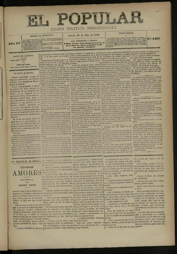 Miniatura de El Popular: diario independiente, político, literario y de noticias de interés general del 28 de julio de 1883, nº 4880