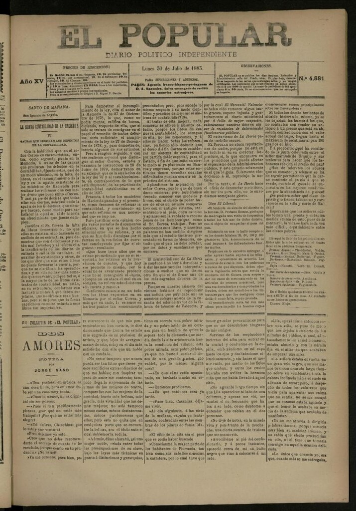 Miniatura de El Popular: diario independiente, político, literario y de noticias de interés general del 30 de julio de 1883, nº 4881