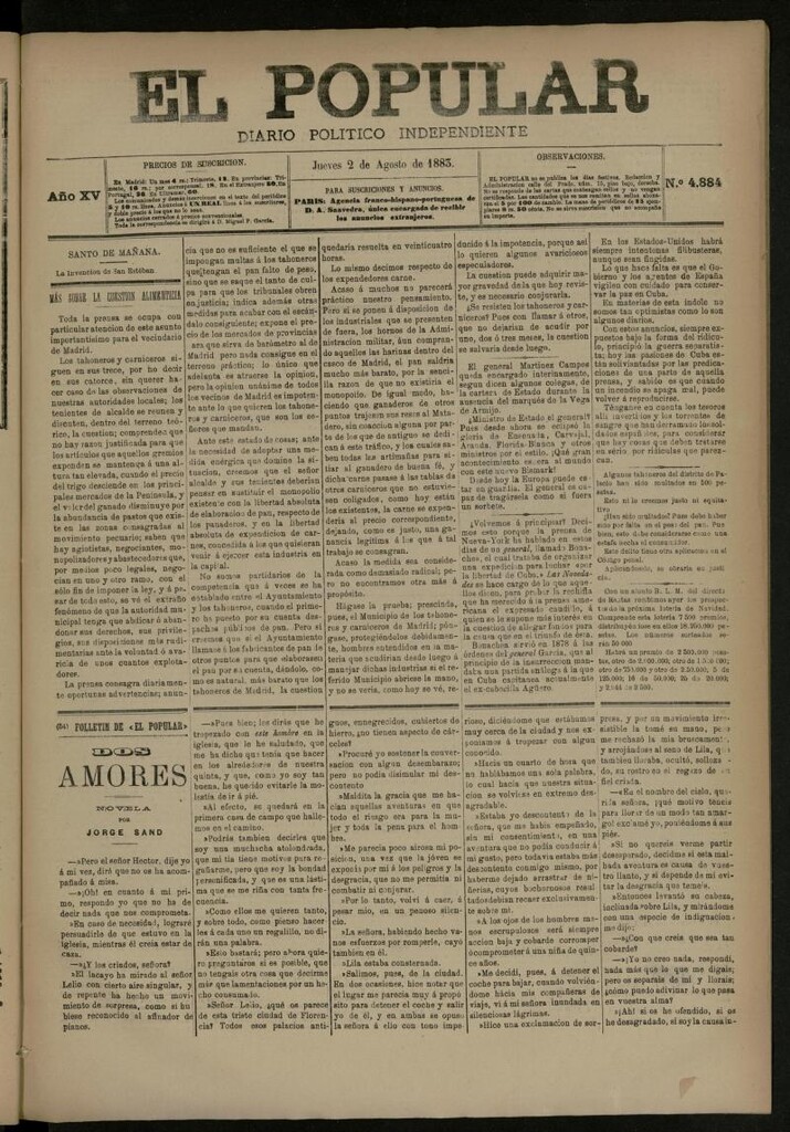 Miniatura de El Popular: diario independiente, político, literario y de noticias de interés general del 2 de agosto de 1883, nº 4884
