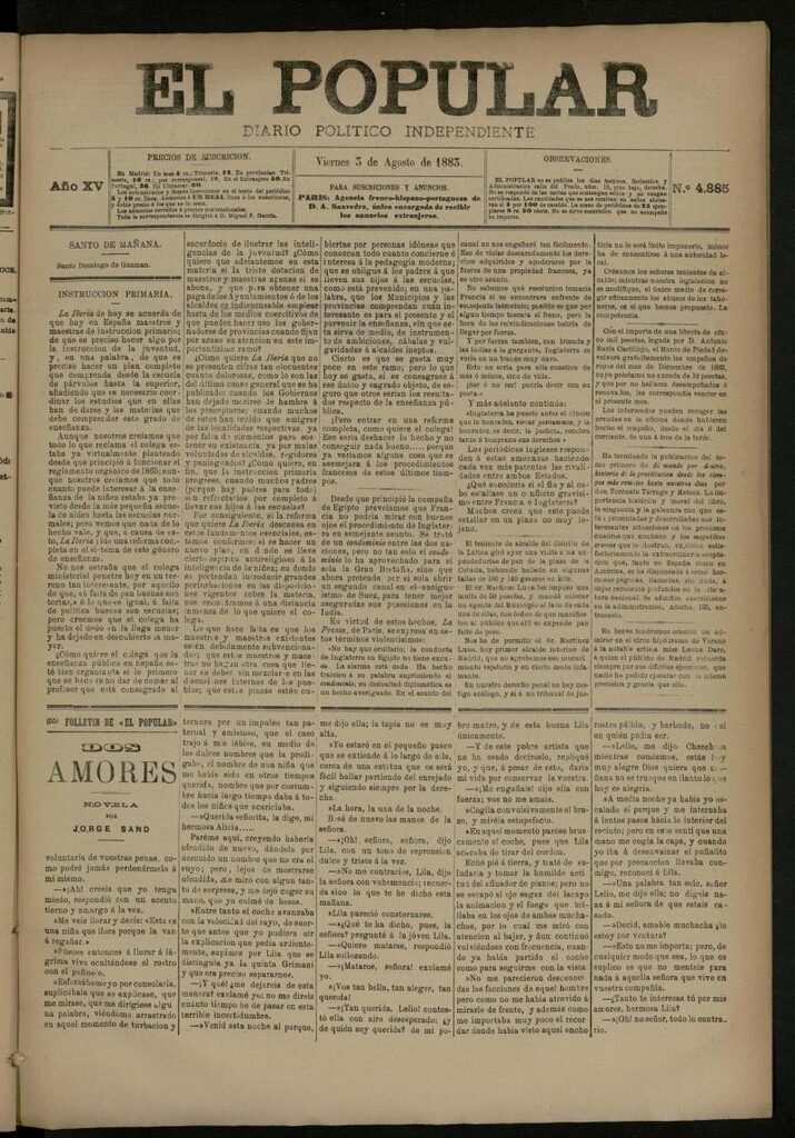 Miniatura de El Popular: diario independiente, político, literario y de noticias de interés general del 3 de agosto de 1883, nº 4885