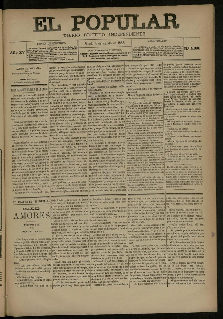 Miniatura de El Popular: diario independiente, político, literario y de noticias de interés general del 4 de agosto de 1883, nº 4886