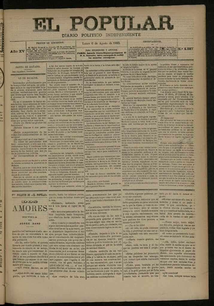 Miniatura de El Popular: diario independiente, político, literario y de noticias de interés general del 6 de agosto de 1883, nº 4887