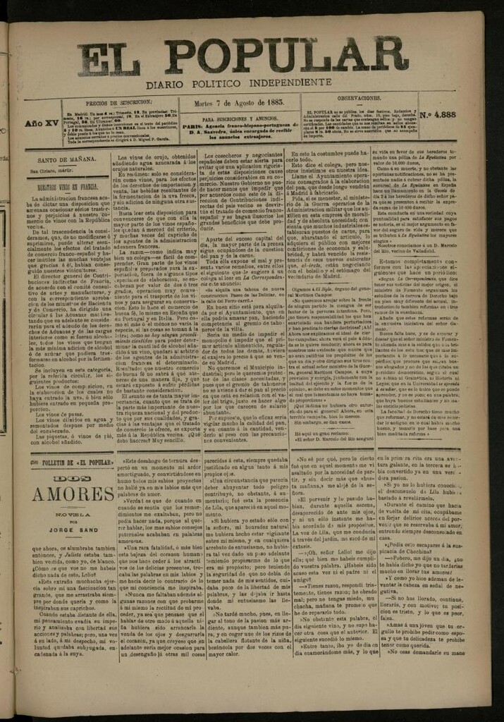 Miniatura de El Popular: diario independiente, político, literario y de noticias de interés general del 7 de agosto de 1883, nº 4888