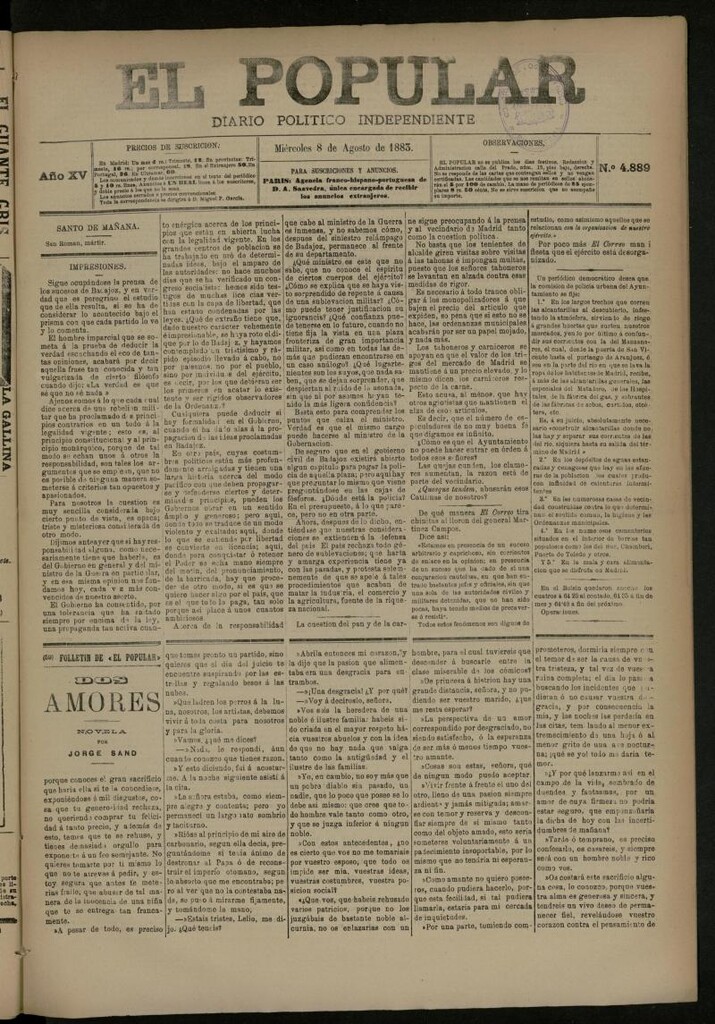 Miniatura de El Popular: diario independiente, político, literario y de noticias de interés general del 8 de agosto de 1883, nº 4889