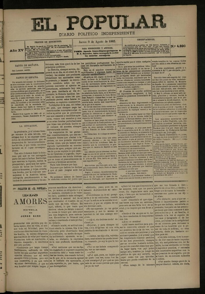 Miniatura de El Popular: diario independiente, político, literario y de noticias de interés general del 9 de agosto de 1883, nº 4890