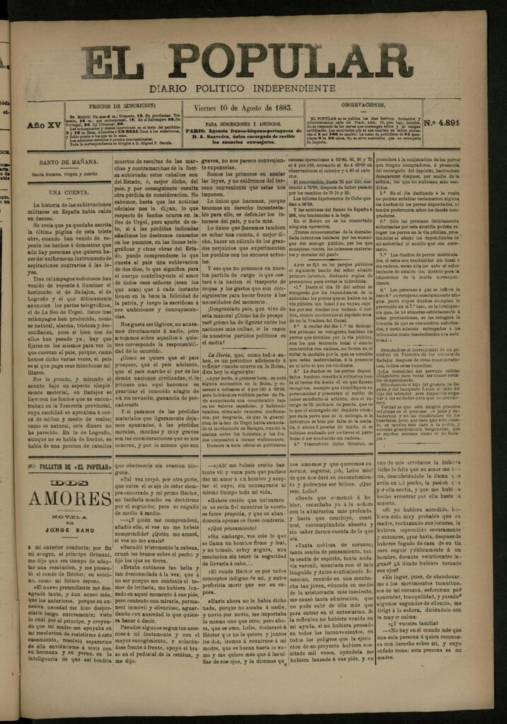 Miniatura de El Popular: diario independiente, político, literario y de noticias de interés general del 10 de agosto de 1883, nº 4891