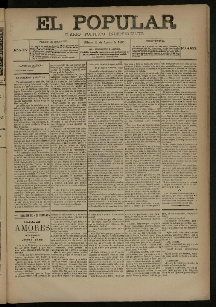Miniatura de El Popular: diario independiente, político, literario y de noticias de interés general del 11 de agosto de 1883, nº 4892