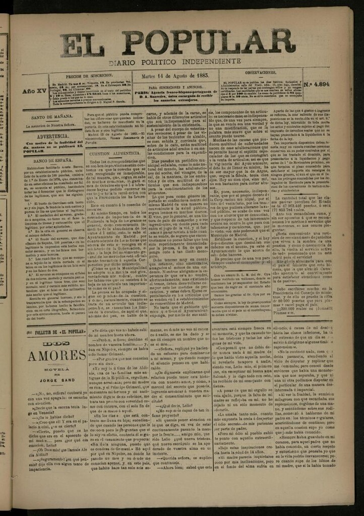 Miniatura de El Popular: diario independiente, político, literario y de noticias de interés general del 14 de agosto de 1883, nº 4894
