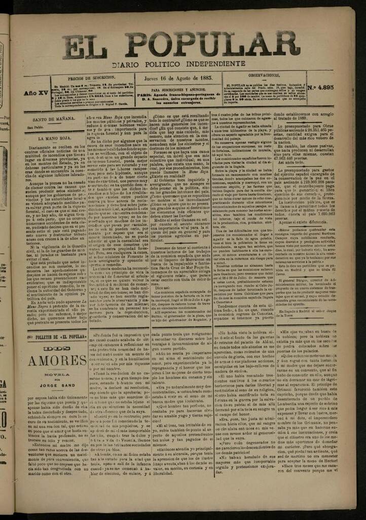 Miniatura de El Popular: diario independiente, político, literario y de noticias de interés general del 16 de agosto de 1883, nº 4895