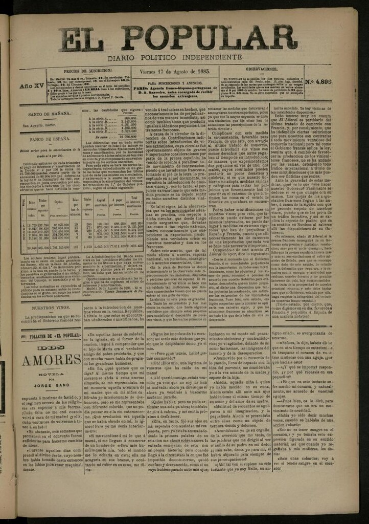 Miniatura de El Popular: diario independiente, político, literario y de noticias de interés general del 17 de agosto de 1883, nº 4896