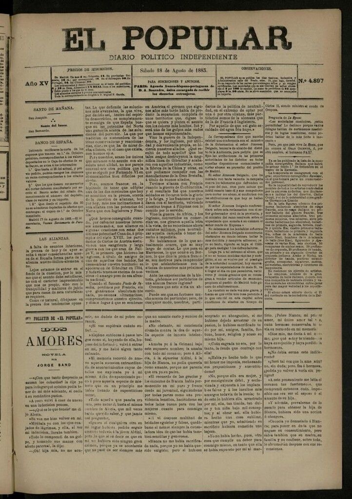 Miniatura de El Popular: diario independiente, político, literario y de noticias de interés general del 18 de agosto de 1883, nº 4897