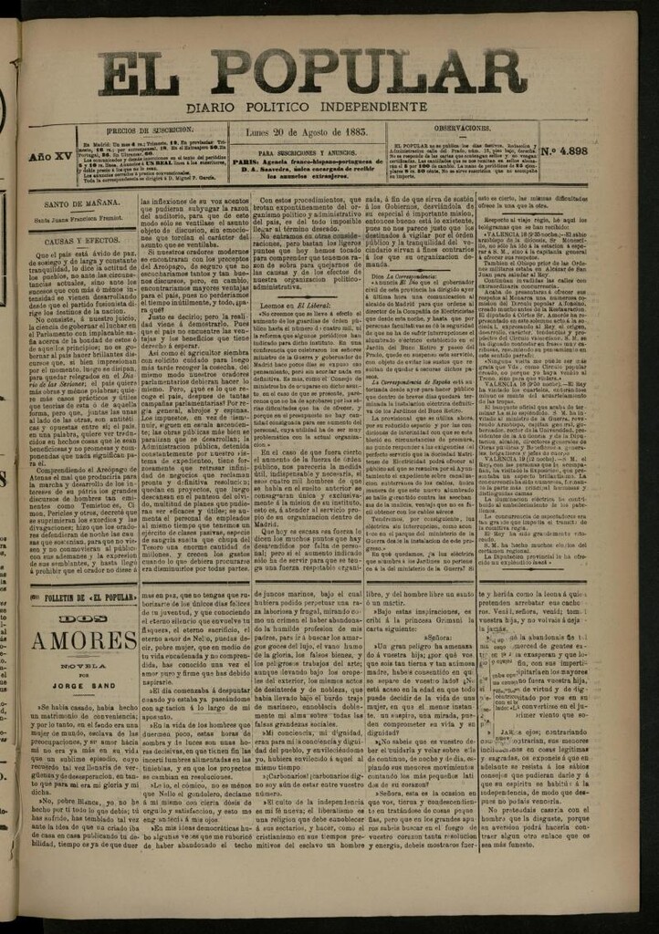 Miniatura de El Popular: diario independiente, político, literario y de noticias de interés general del 20 de agosto de 1883, nº 4898