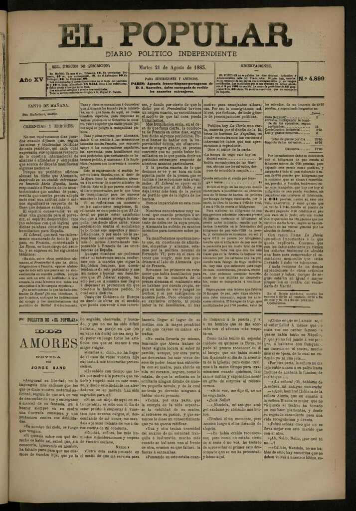 Miniatura de El Popular: diario independiente, político, literario y de noticias de interés general del 21 de agosto de 1883, nº 4899