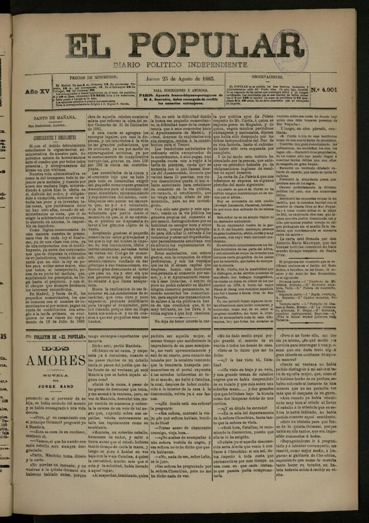 Miniatura de El Popular: diario independiente, político, literario y de noticias de interés general del 23 de agosto de 1883, nº 4901