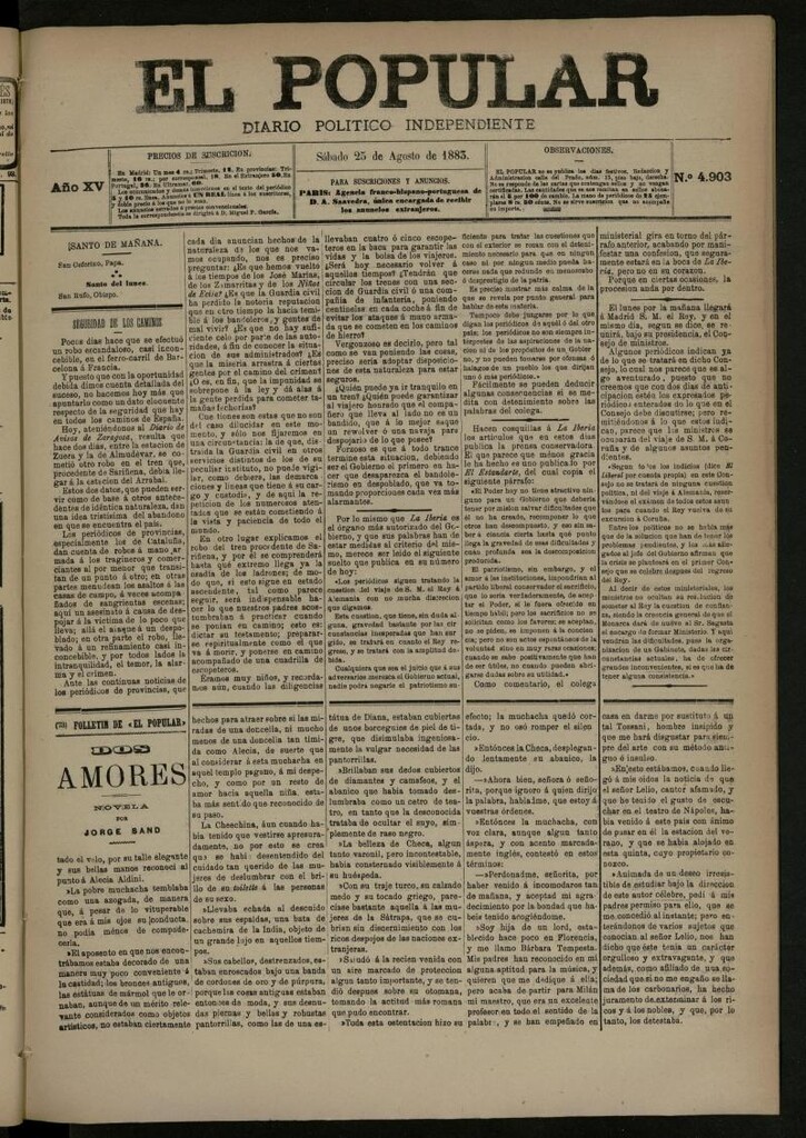 Miniatura de El Popular: diario independiente, político, literario y de noticias de interés general del 25 de agosto de 1883, nº 4903