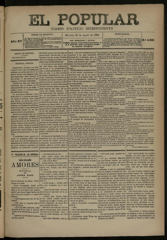 Miniatura de El Popular: diario independiente, político, literario y de noticias de interés general del 22 de agosto de 1883, nº 4900