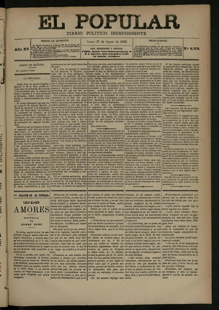 Miniatura de El Popular: diario independiente, político, literario y de noticias de interés general del 27 de agosto de 1883, nº 4904
