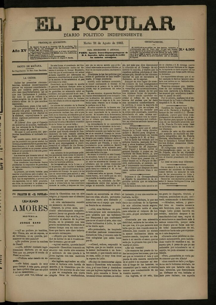 Miniatura de El Popular: diario independiente, político, literario y de noticias de interés general del 28 de agosto de 1883, nº 4905