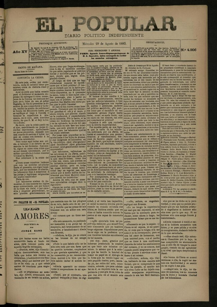 Miniatura de El Popular: diario independiente, político, literario y de noticias de interés general del 29 de agosto de 1883, nº 4906