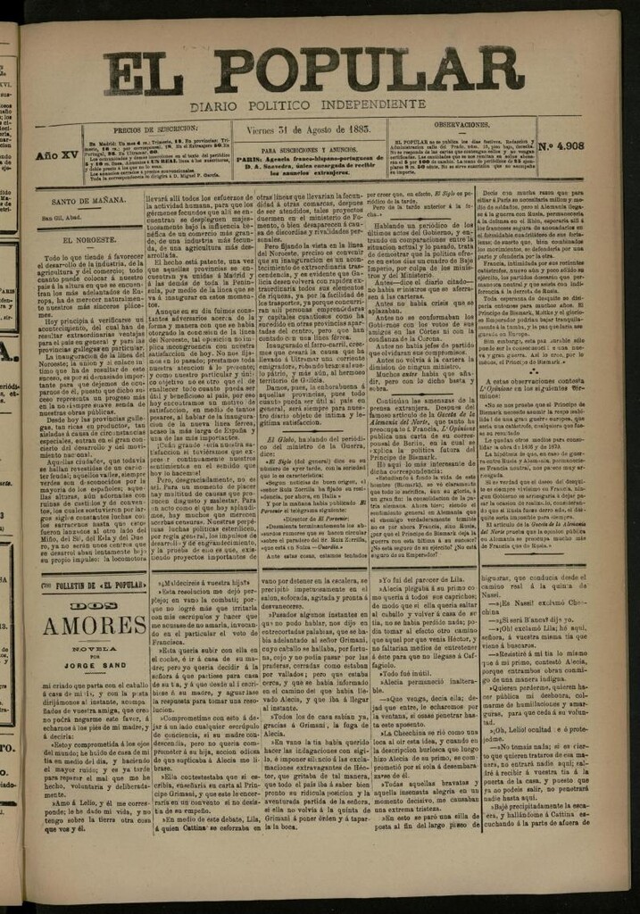 Miniatura de El Popular: diario independiente, político, literario y de noticias de interés general del 31 de agosto de 1883, nº 4908