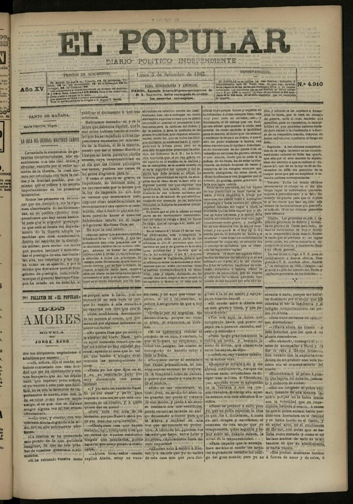 Miniatura de El Popular: diario independiente, político, literario y de noticias de interés general del 3 de septiembre de 1883, nº 4910