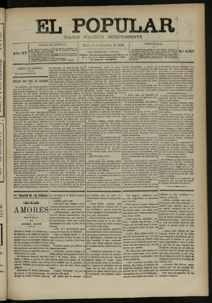 Miniatura de El Popular: diario independiente, político, literario y de noticias de interés general del 4 de septiembre de 1883, nº 4911