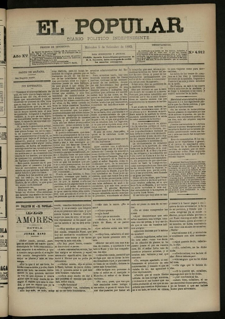 Miniatura de El Popular: diario independiente, político, literario y de noticias de interés general del 5 de septiembre de 1883, nº 4912