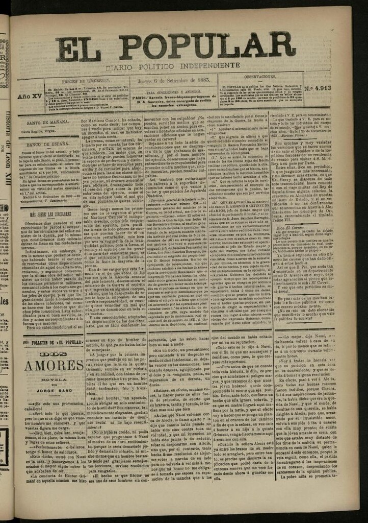 Miniatura de El Popular: diario independiente, político, literario y de noticias de interés general del 6 de septiembre de 1883, nº 4913