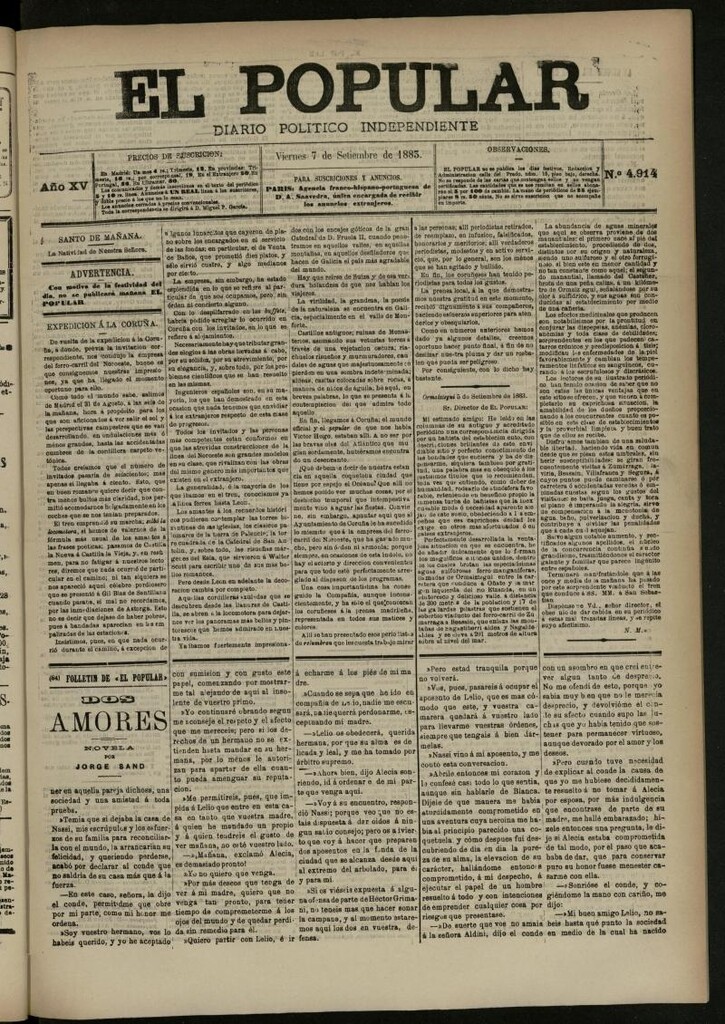 Miniatura de El Popular: diario independiente, político, literario y de noticias de interés general del 7 de septiembre de 1883, nº 4914