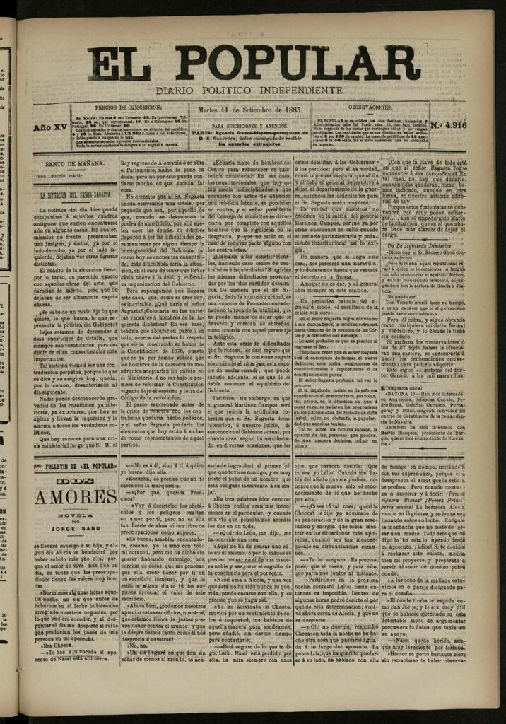 Miniatura de El Popular: diario independiente, político, literario y de noticias de interés general del 11 de septiembre de 1883, nº 4916