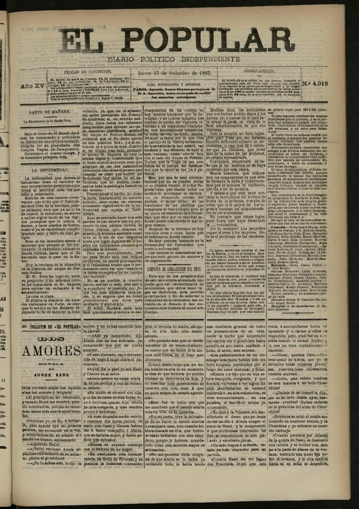 Miniatura de El Popular: diario independiente, político, literario y de noticias de interés general del 13 de septiembre de 1883, nº 4918