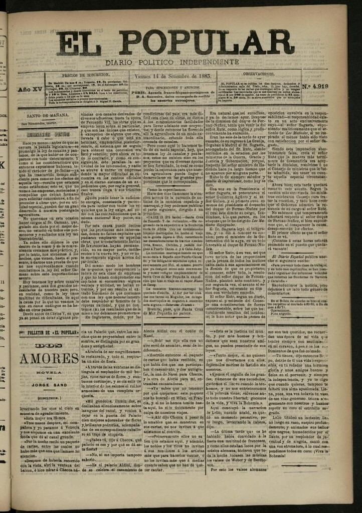 Miniatura de El Popular: diario independiente, político, literario y de noticias de interés general del 14 de septiembre de 1883, nº 4919
