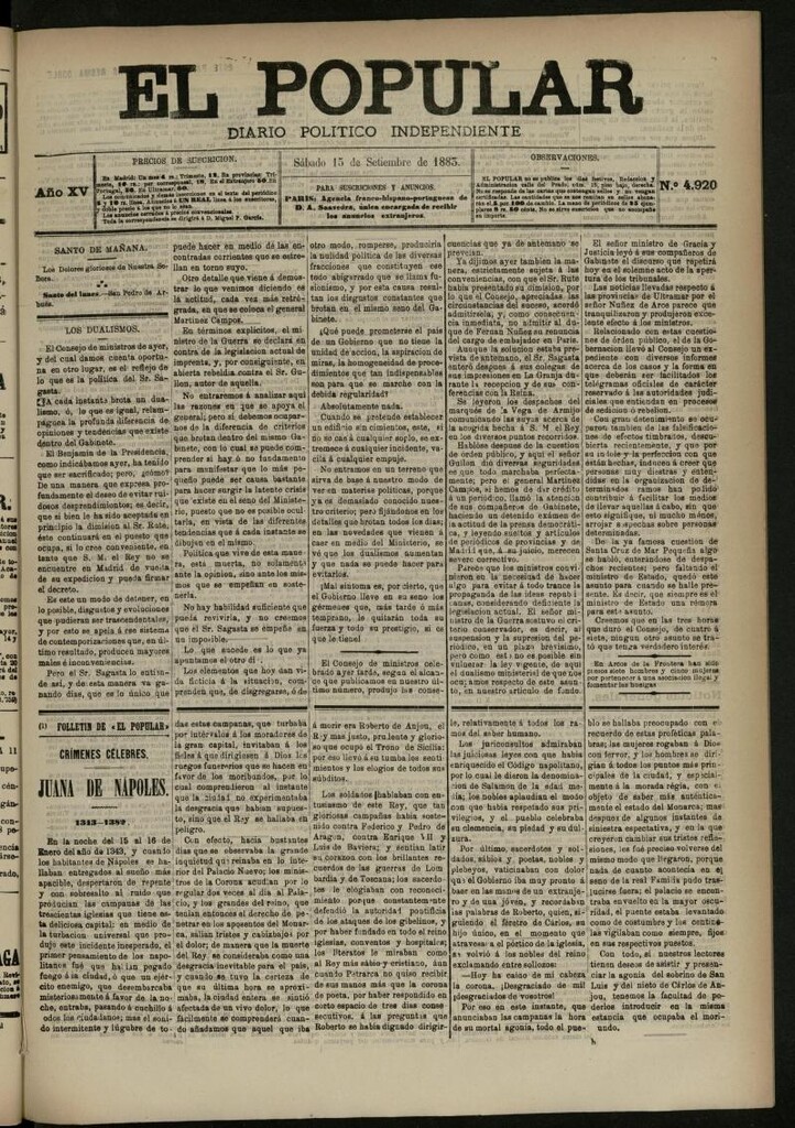Miniatura de El Popular: diario independiente, político, literario y de noticias de interés general del 15 de septiembre de 1883, nº 4920