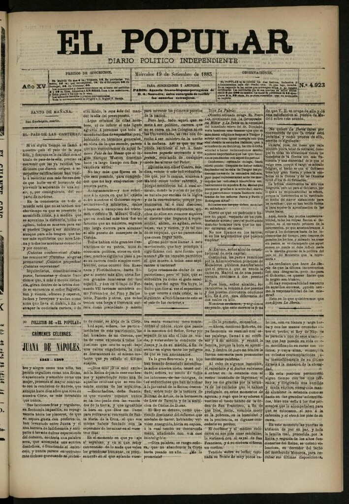 Miniatura de El Popular: diario independiente, político, literario y de noticias de interés general del 19 de septiembre de 1883, nº 4923