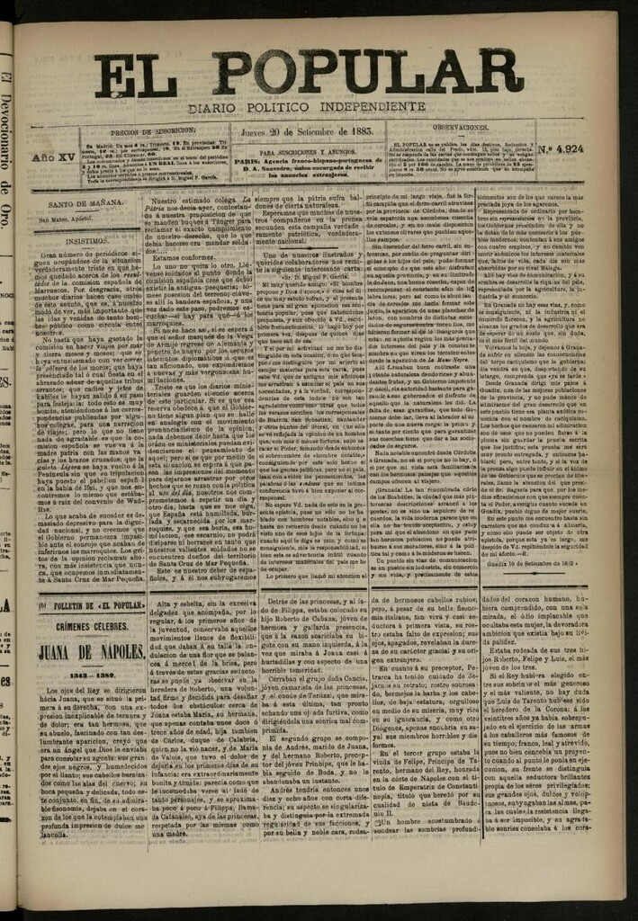 Miniatura de El Popular: diario independiente, político, literario y de noticias de interés general del 20 de septiembre de 1883, nº 4924